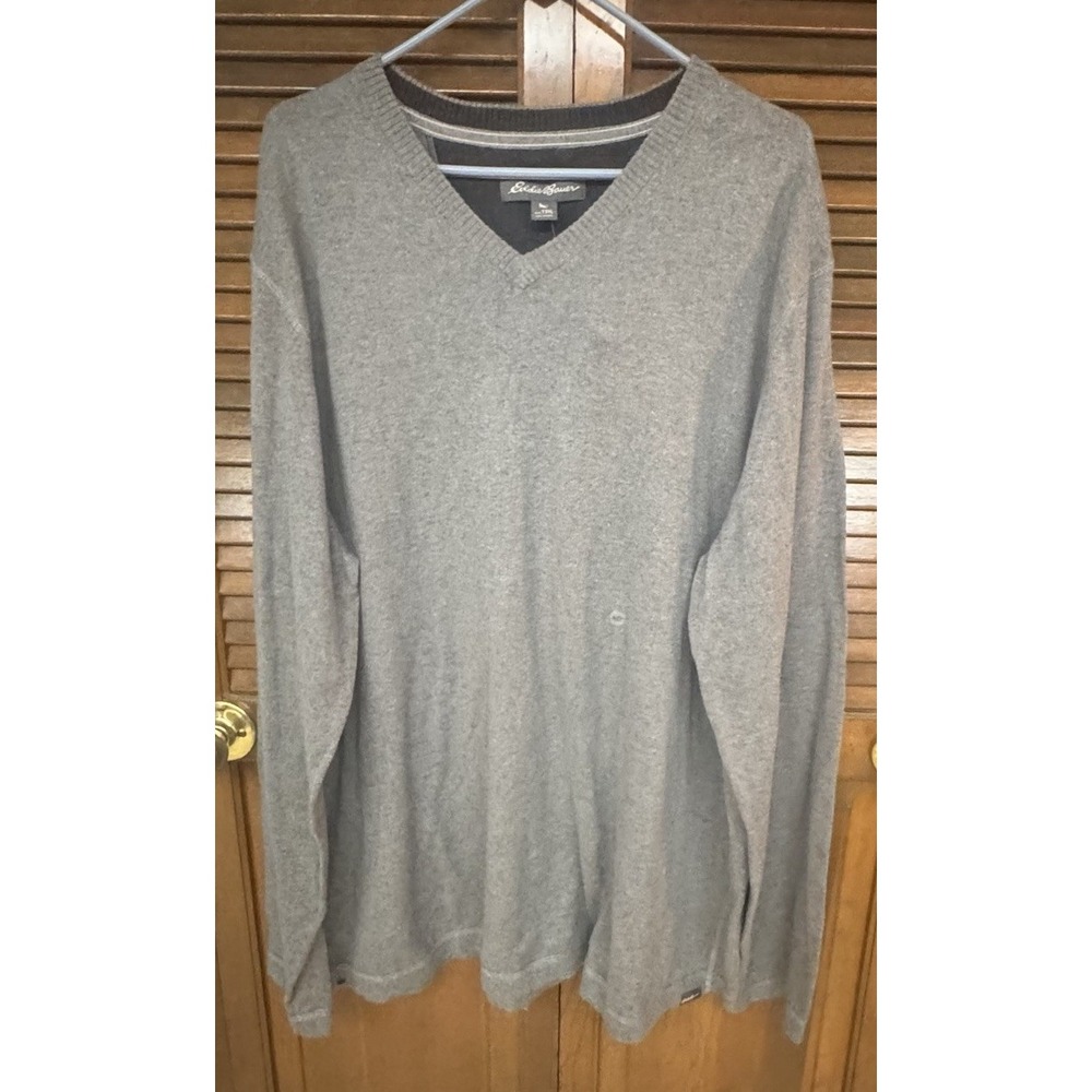 Eddie Bauer Men's T3XL V-Neck Sweater Gray 90% Cotton 10% Merino Wool Tall